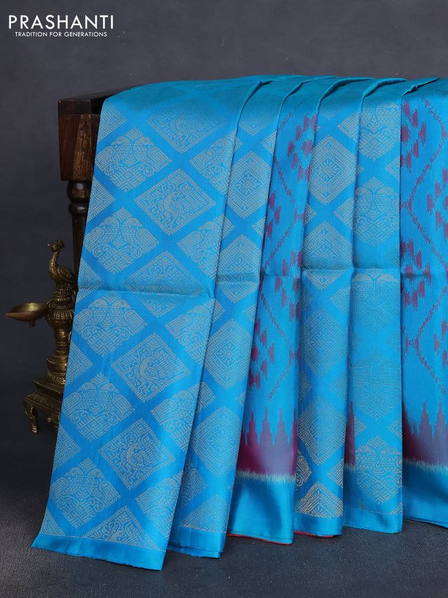 Pure soft silk saree teal blue and peach pink shade with allover ikat weaves & zari buttas in borderless style