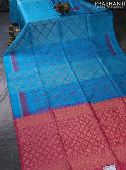 Pure soft silk saree teal blue and peach pink shade with allover ikat weaves & zari buttas in borderless style