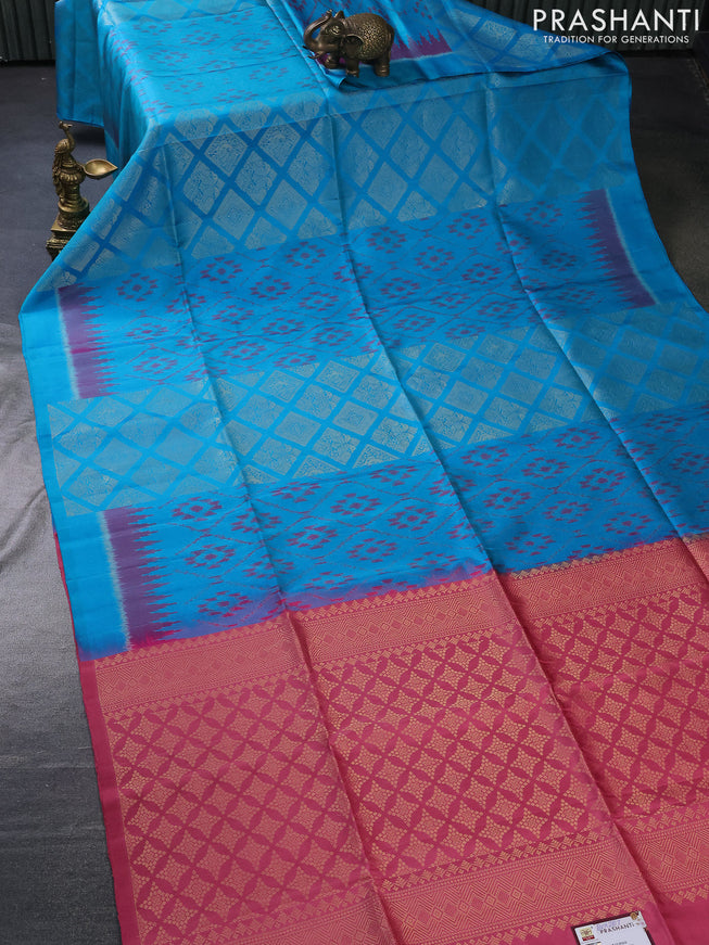 Pure soft silk saree teal blue and peach pink shade with allover ikat weaves & zari buttas in borderless style