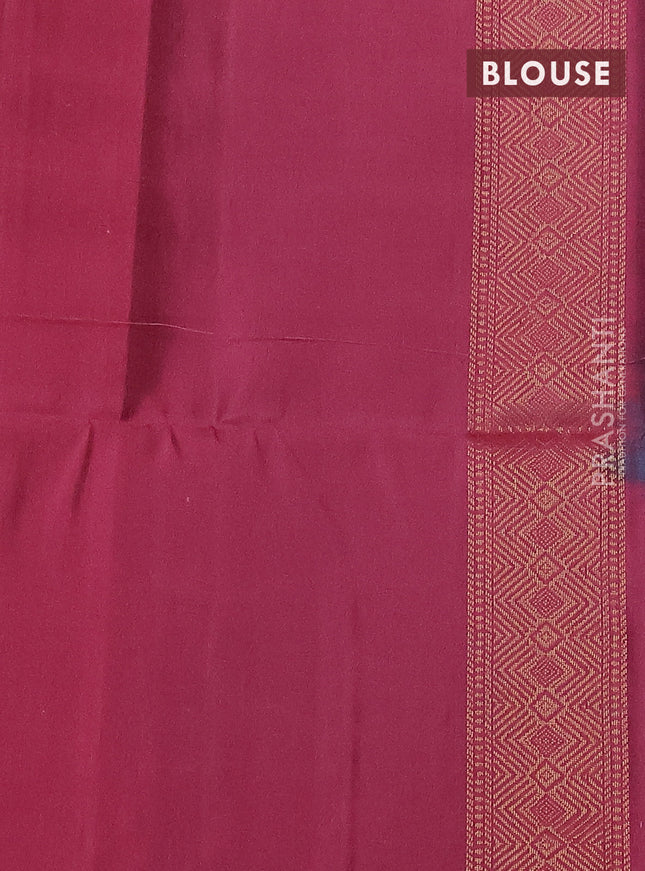 Pure soft silk saree teal blue and peach pink shade with allover ikat weaves & zari buttas in borderless style
