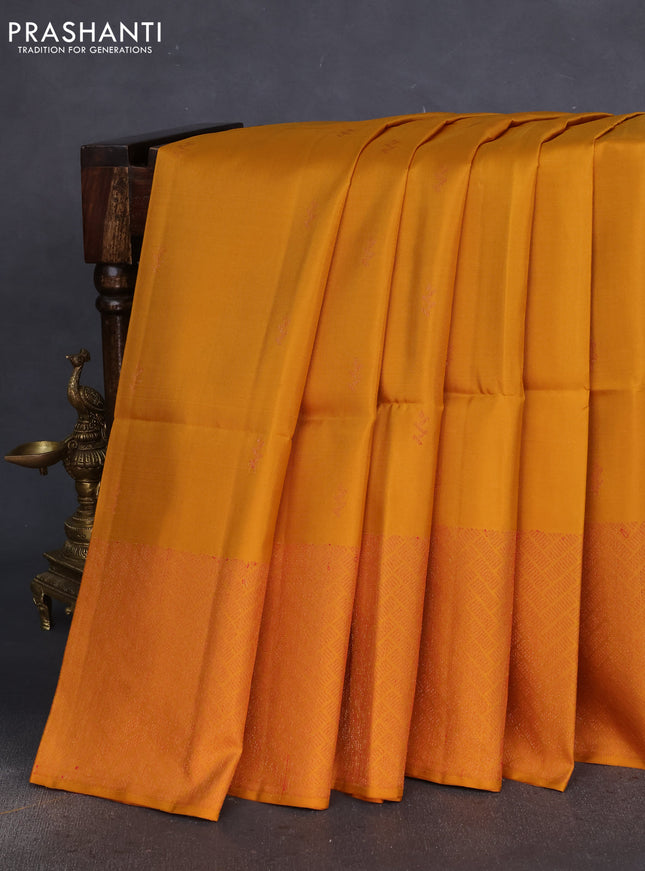 Pure soft silk saree dark mustard with thread & zari woven buttas and long woven border