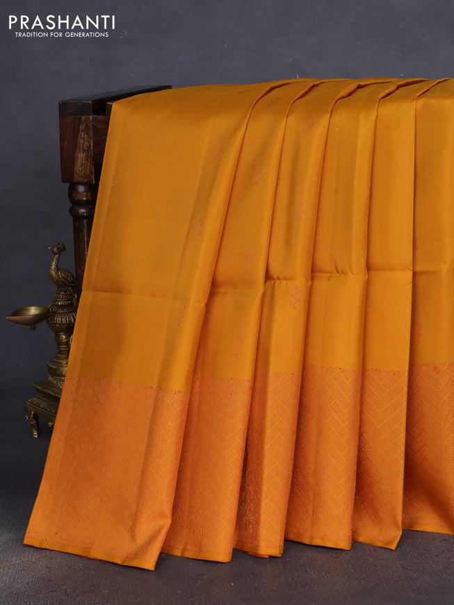Pure soft silk saree dark mustard with thread & zari woven buttas and long woven border