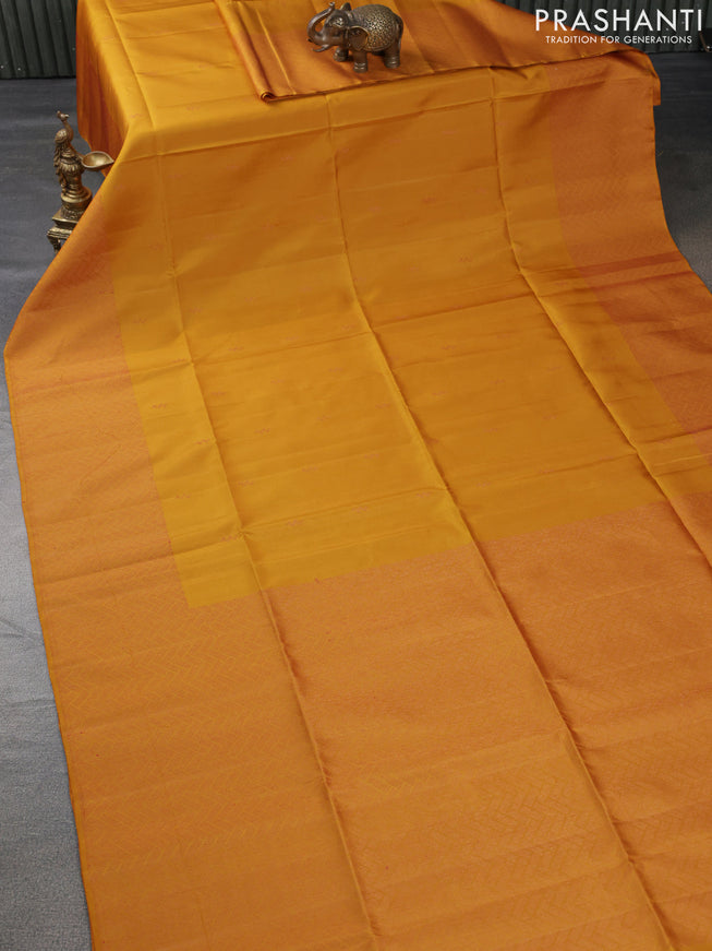 Pure soft silk saree dark mustard with thread & zari woven buttas and long woven border