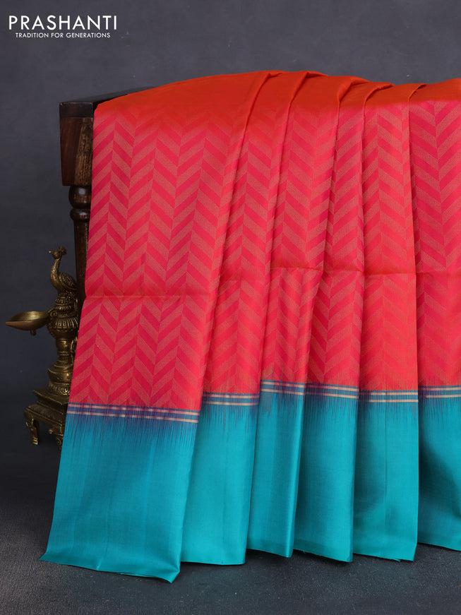 Pure soft silk saree dual shade of pinkish orange and teal green shade with allover zari weaves and zari woven simple border