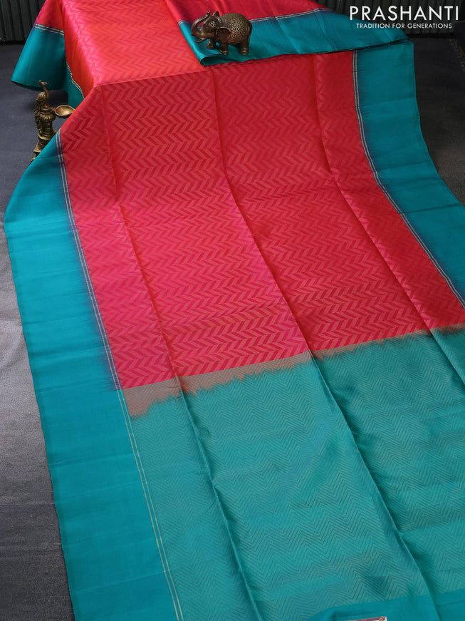 Pure soft silk saree dual shade of pinkish orange and teal green shade with allover zari weaves and zari woven simple border