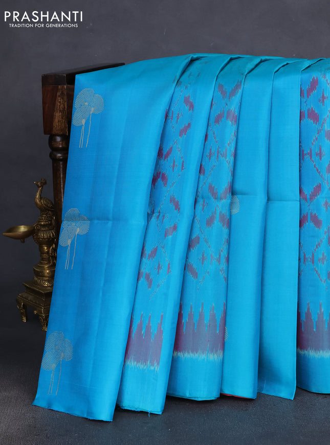 Pure soft silk saree teal blue and mauve pink with allover ikat weaves & zari buttas in borderless style