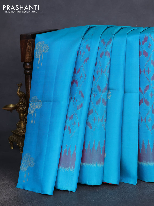 Pure soft silk saree teal blue and mauve pink with allover ikat weaves & zari buttas in borderless style