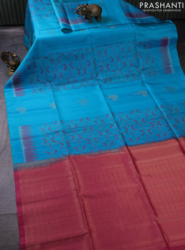 Pure soft silk saree teal blue and mauve pink with allover ikat weaves & zari buttas in borderless style