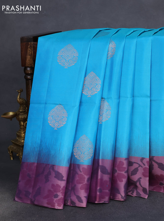 Pure soft silk saree light blue and pastel purple shade with copper zari woven buttas and ikat style border
