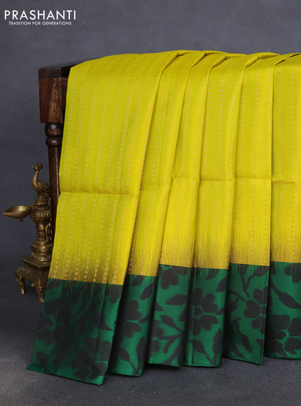 Pure soft silk saree lime yellow and green with allover copper zari weaves and ikat style border