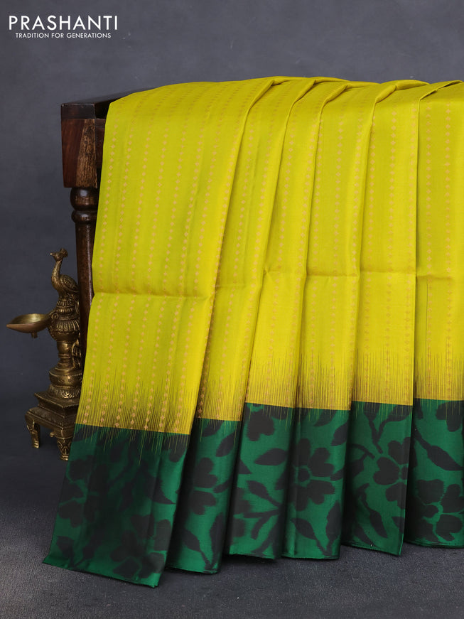 Pure soft silk saree lime yellow and green with allover copper zari weaves and ikat style border
