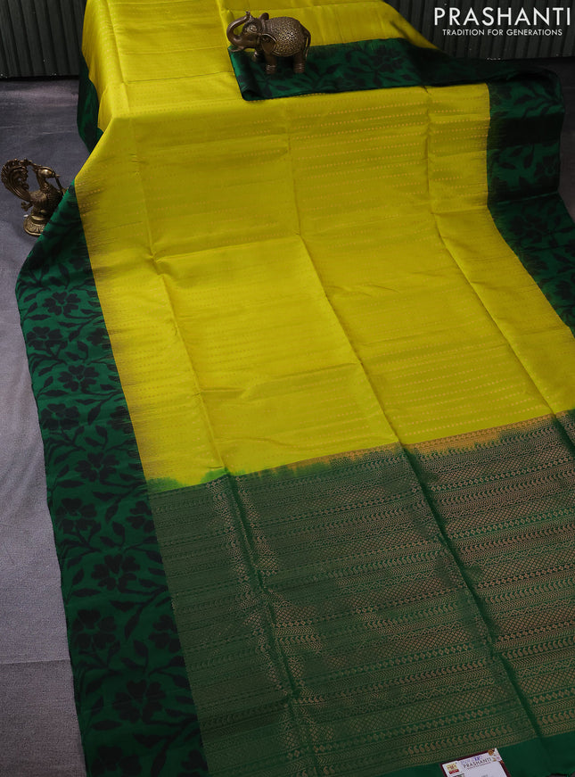 Pure soft silk saree lime yellow and green with allover copper zari weaves and ikat style border