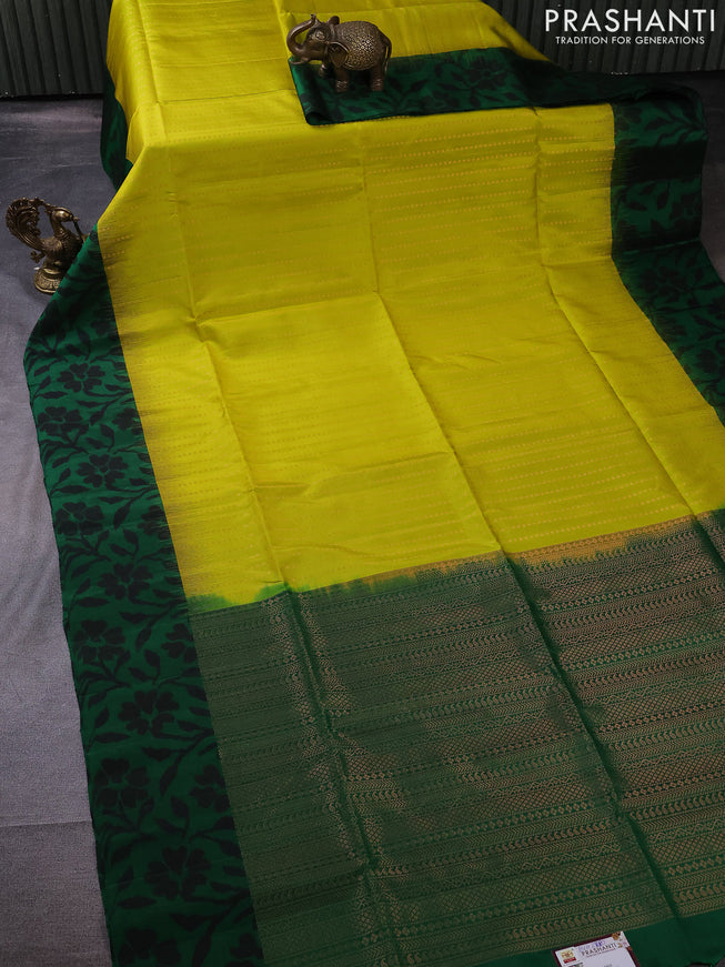 Pure soft silk saree lime yellow and green with allover copper zari weaves and ikat style border
