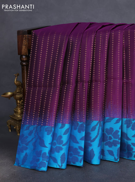Pure soft silk saree purple and teal blue with allover copper zari weaves and ikat style border