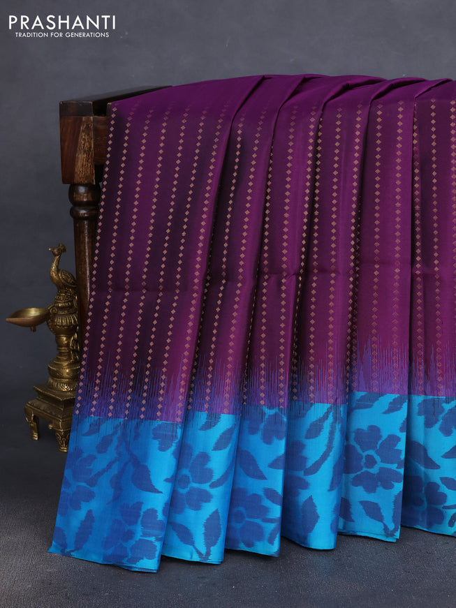 Pure soft silk saree purple and teal blue with allover copper zari weaves and ikat style border