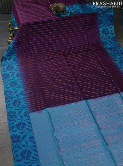 Pure soft silk saree purple and teal blue with allover copper zari weaves and ikat style border