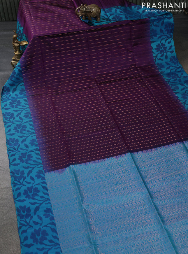 Pure soft silk saree purple and teal blue with allover copper zari weaves and ikat style border