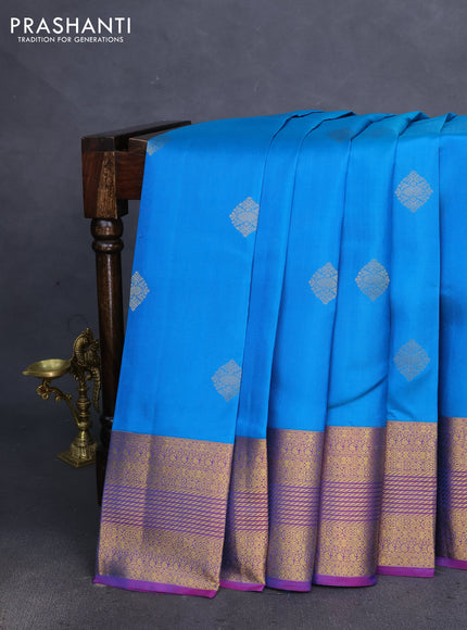 Pure kanchipuram silk saree cs blue and dual shade of purple with zari woven buttas and long zari woven border