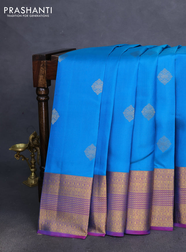 Pure kanchipuram silk saree cs blue and dual shade of purple with zari woven buttas and long zari woven border