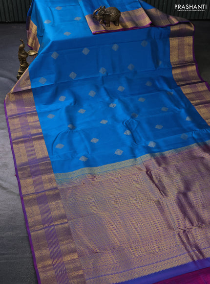 Pure kanchipuram silk saree cs blue and dual shade of purple with zari woven buttas and long zari woven border