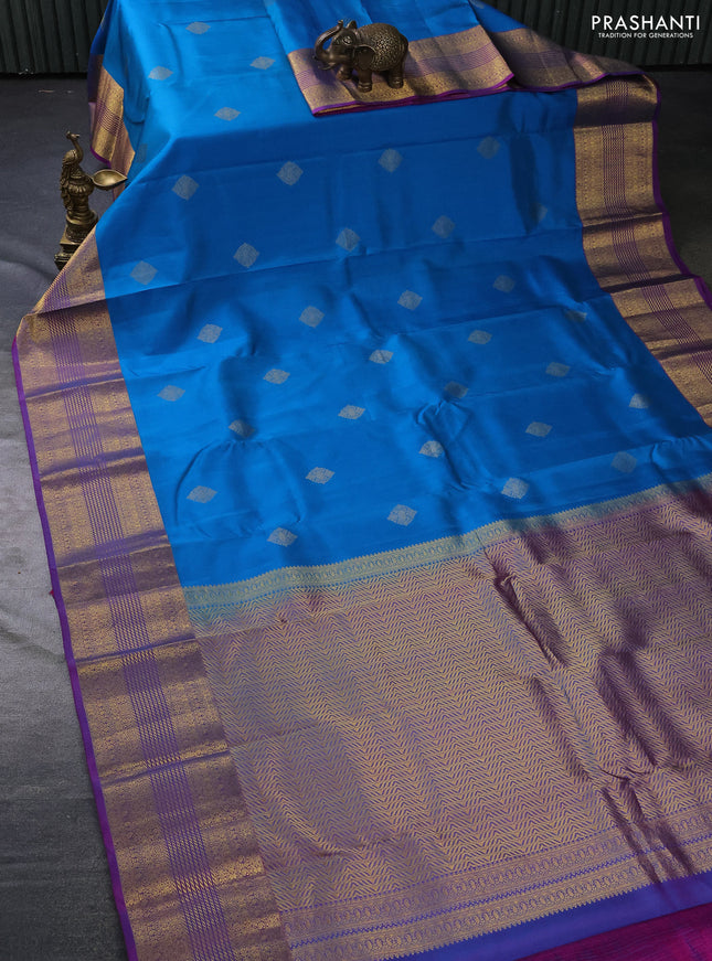 Pure kanchipuram silk saree cs blue and dual shade of purple with zari woven buttas and long zari woven border