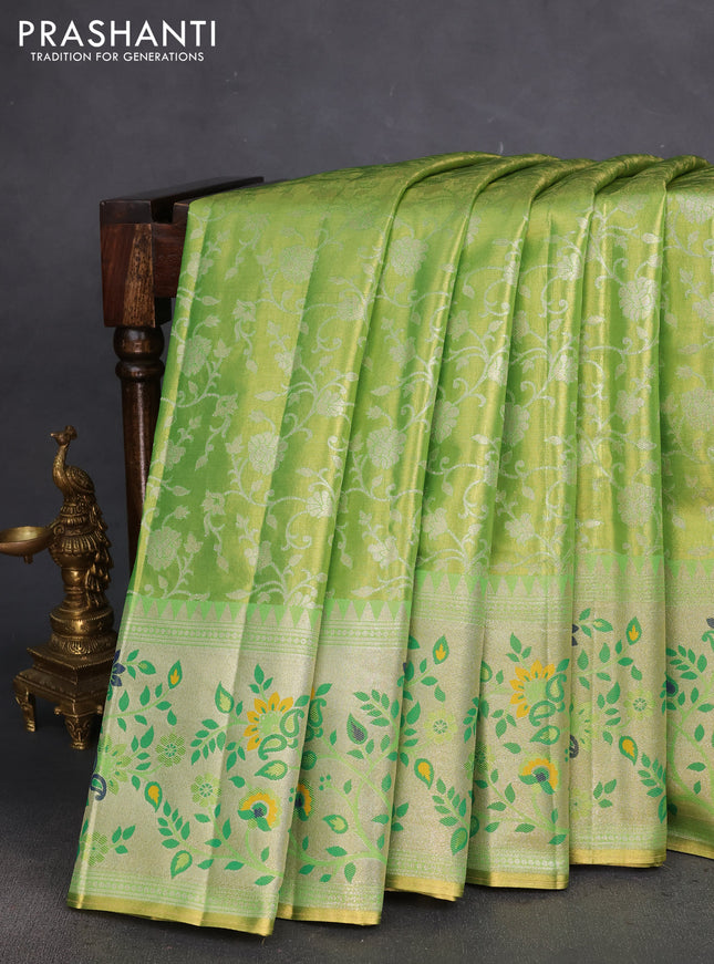 Tissue paithani silk saree dual shade of green with allover zari weaves and rich paithani border