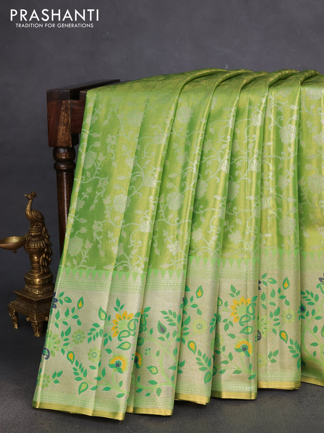 Tissue paithani silk saree dual shade of green with allover zari weaves and rich paithani border