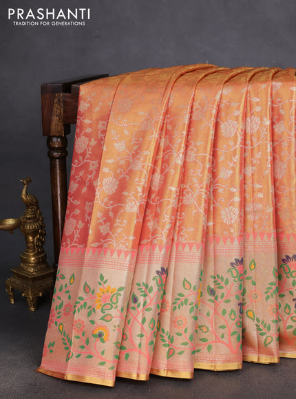 Tissue paithani silk saree dual shade of peach pink with allover zari weaves and rich paithani border