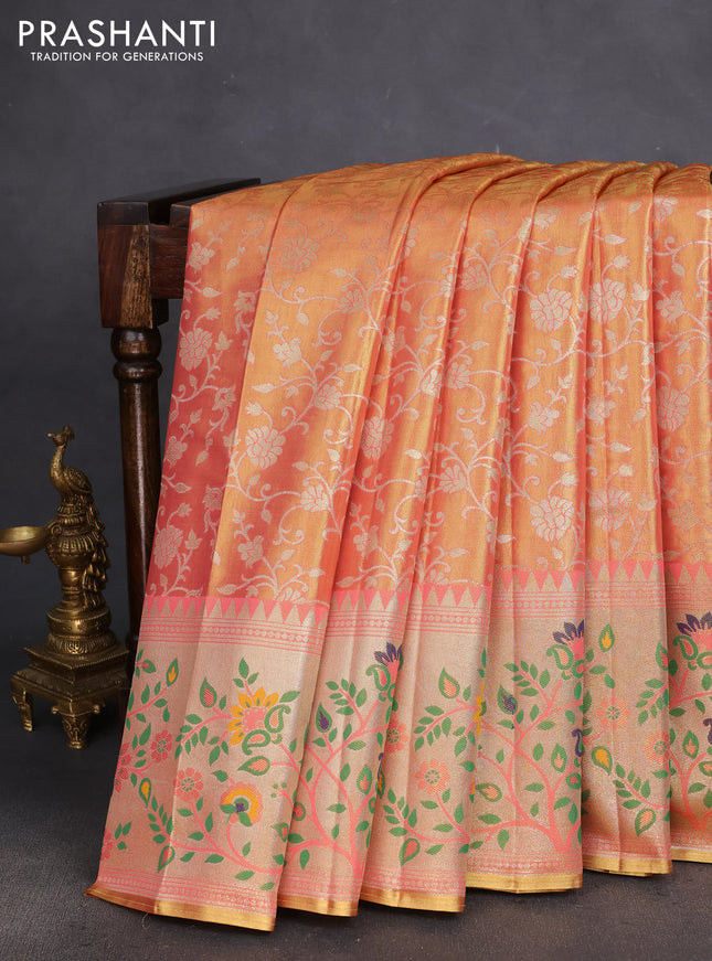 Tissue paithani silk saree dual shade of peach pink with allover zari weaves and rich paithani border