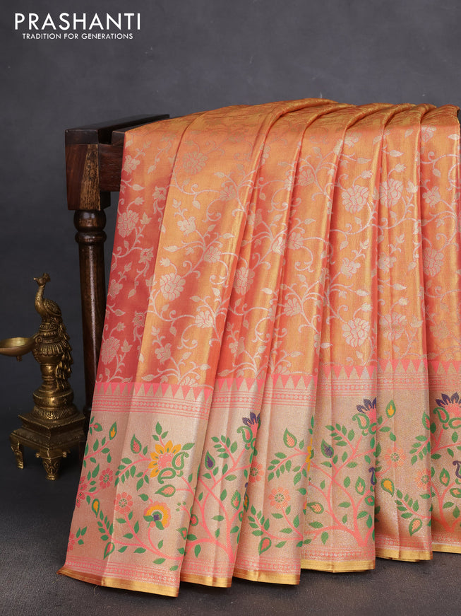 Tissue paithani silk saree dual shade of peach pink with allover zari weaves and rich paithani border