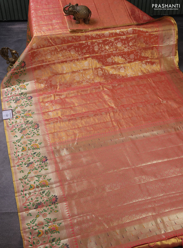 Tissue paithani silk saree dual shade of peach pink with allover zari weaves and rich paithani border