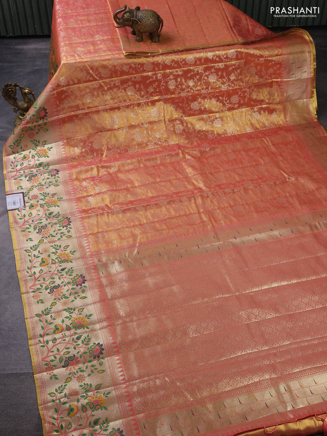 Tissue paithani silk saree dual shade of peach pink with allover zari weaves and rich paithani border