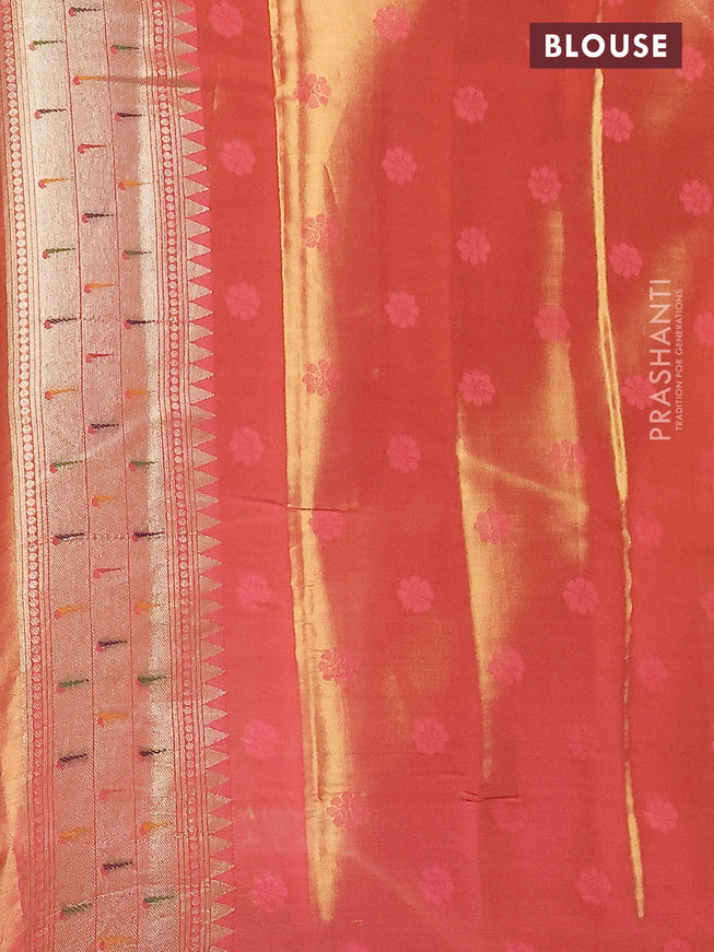 Tissue paithani silk saree dual shade of peach pink with allover zari weaves and rich paithani border