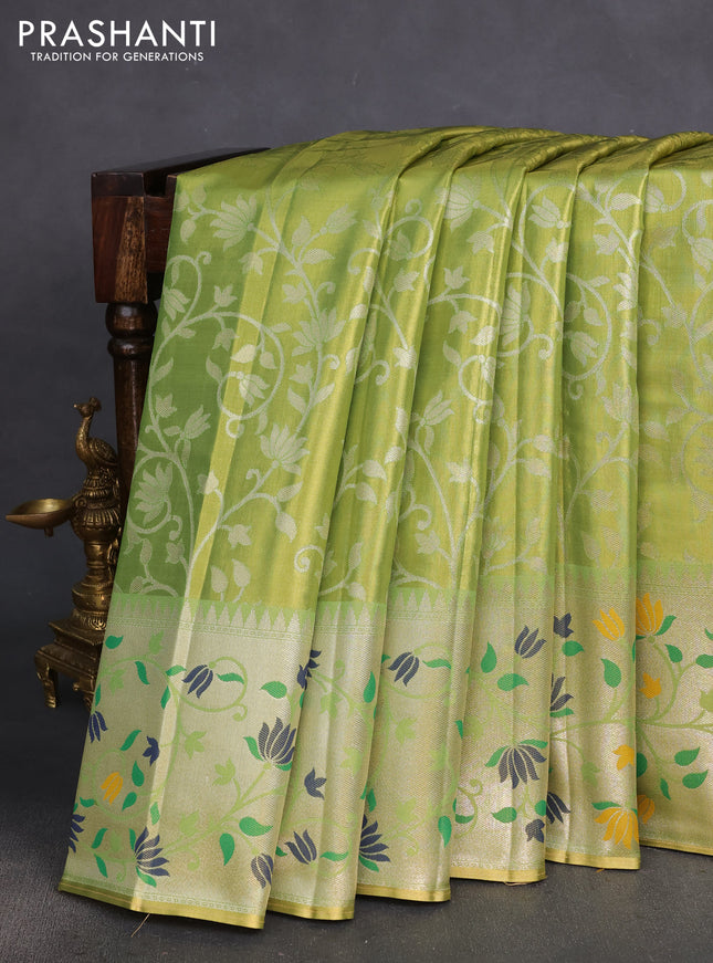 Tissue paithani silk saree dual shade of green with allover zari weaves and rich paithani border