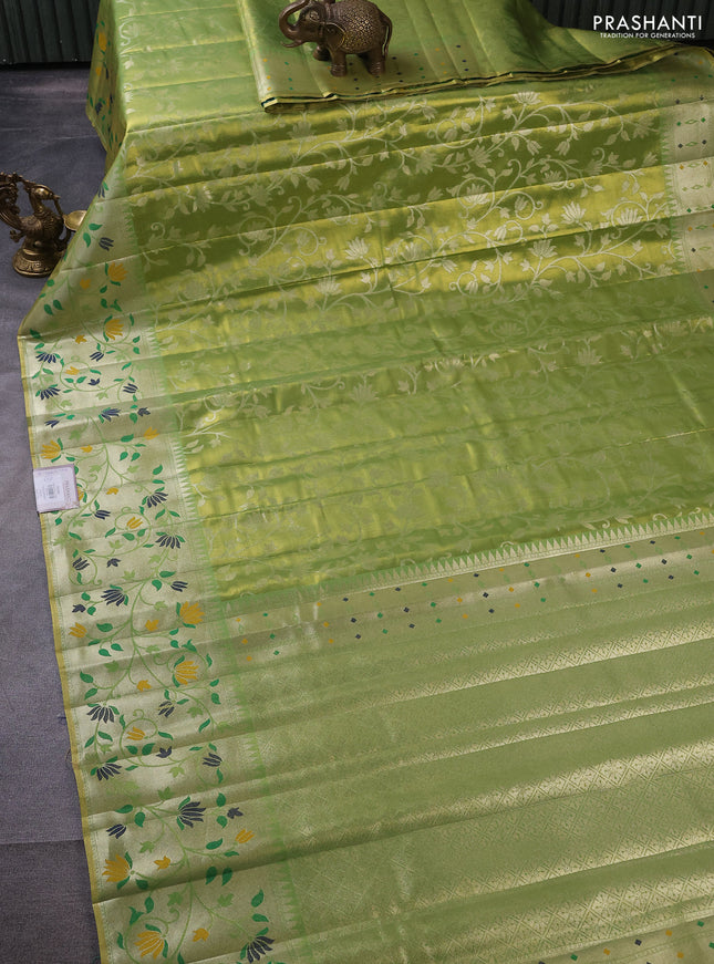 Tissue paithani silk saree dual shade of green with allover zari weaves and rich paithani border