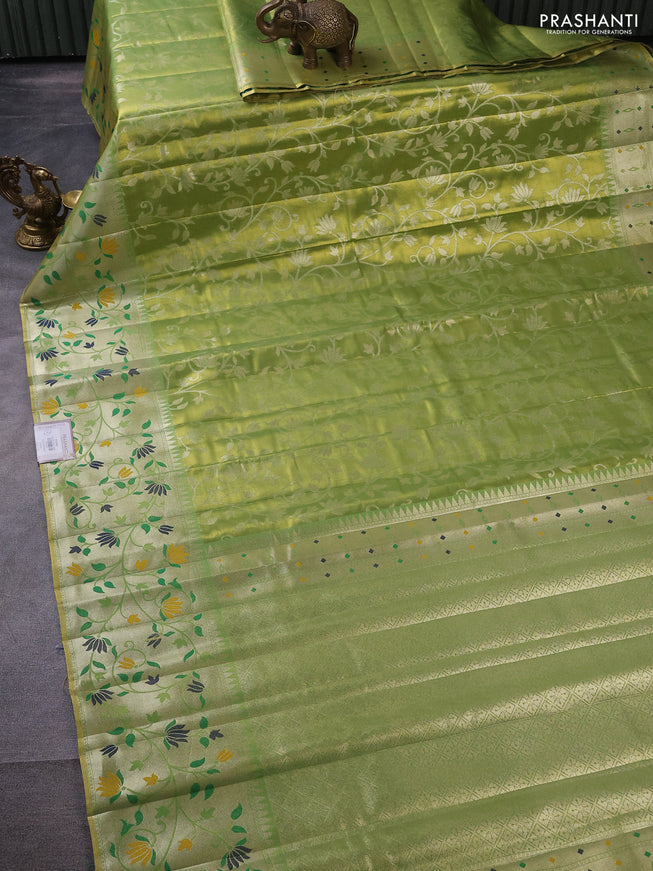 Tissue paithani silk saree dual shade of green with allover zari weaves and rich paithani border