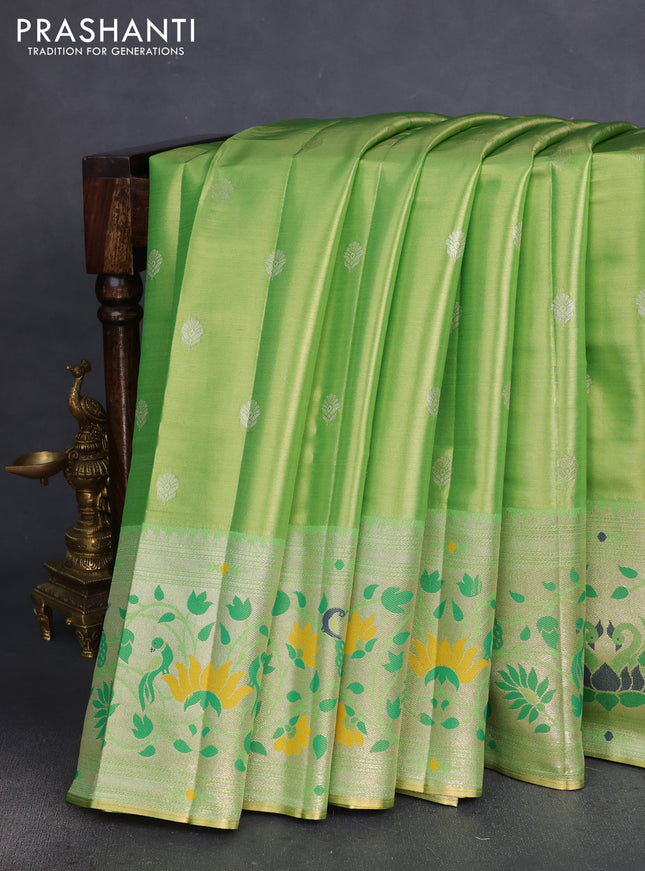 Tissue paithani silk saree dual shade of green with zari woven buttas and rich paithani border