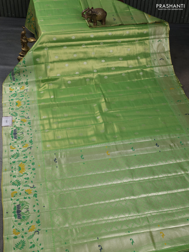 Tissue paithani silk saree dual shade of green with zari woven buttas and rich paithani border