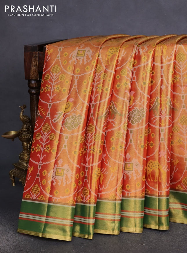 Tissue paithani silk saree dual shade of orange and mehendi green with allover patola weaves and zari woven border