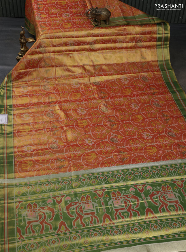 Tissue paithani silk saree dual shade of orange and mehendi green with allover patola weaves and zari woven border