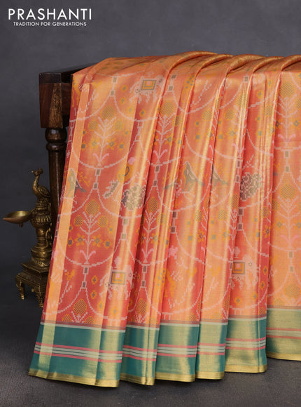 Tissue paithani silk saree dual shade of orange and teal green with allover patola weaves and zari woven border