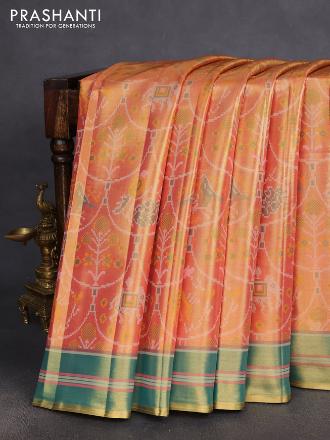 Tissue paithani silk saree dual shade of orange and teal green with allover patola weaves and zari woven border