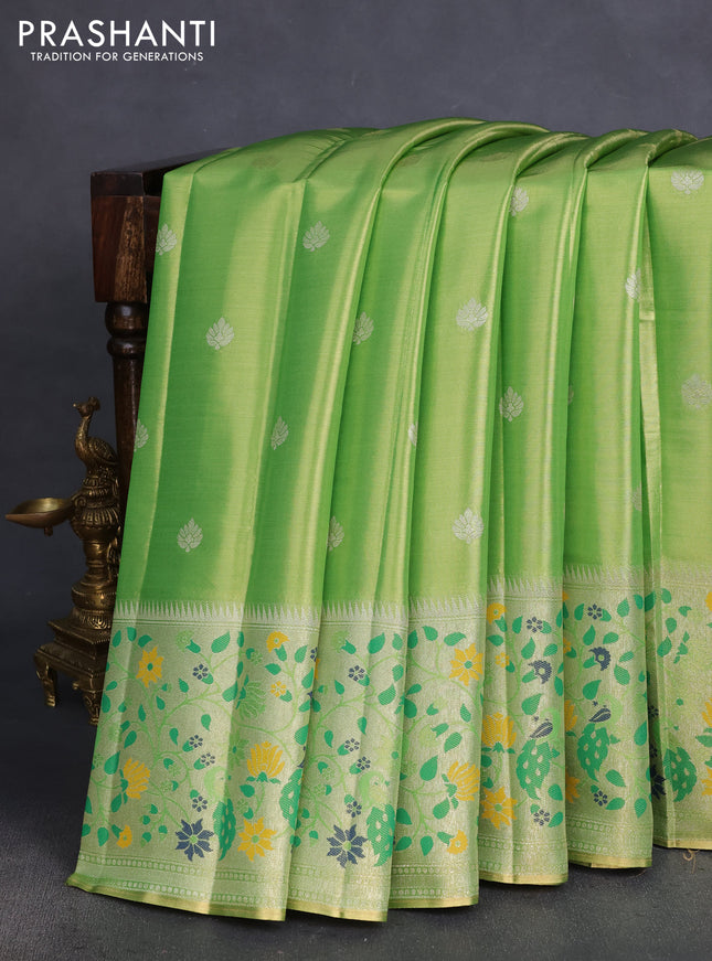 Tissue paithani silk saree light green with zari woven buttas and rich paithani border