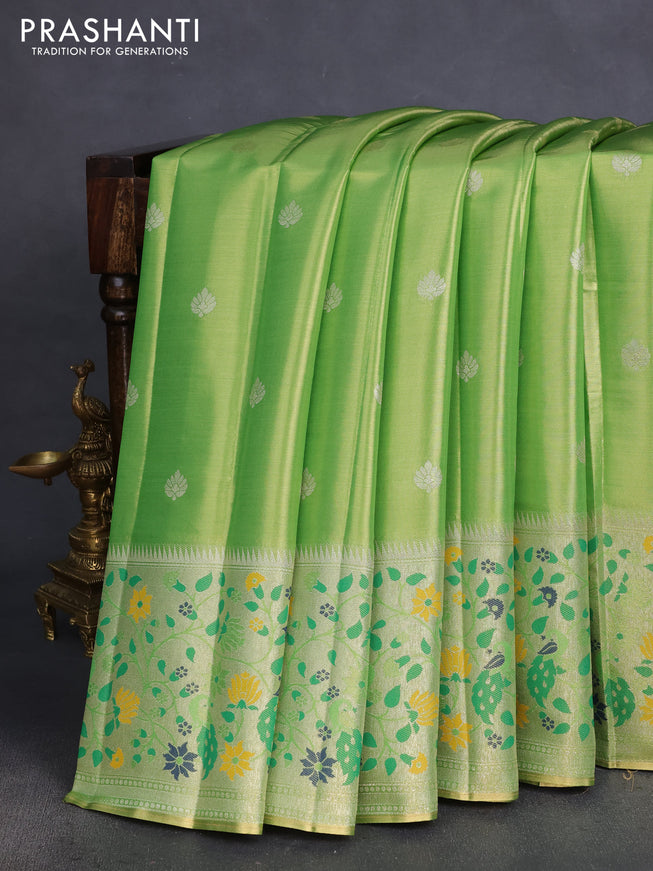 Tissue paithani silk saree light green with zari woven buttas and rich paithani border