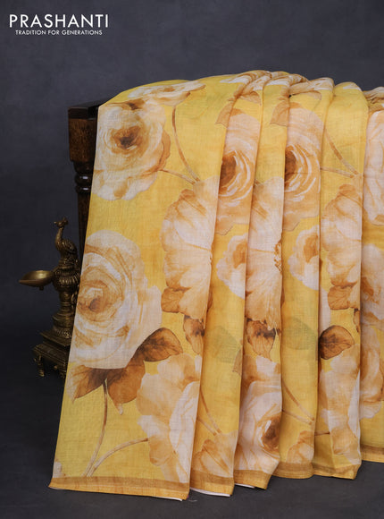 semi linen saree mustard yellow with allover floral digital prints and piping border