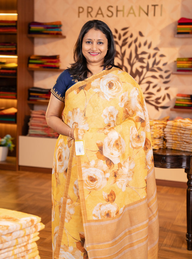 semi linen saree mustard yellow with allover floral digital prints and piping border