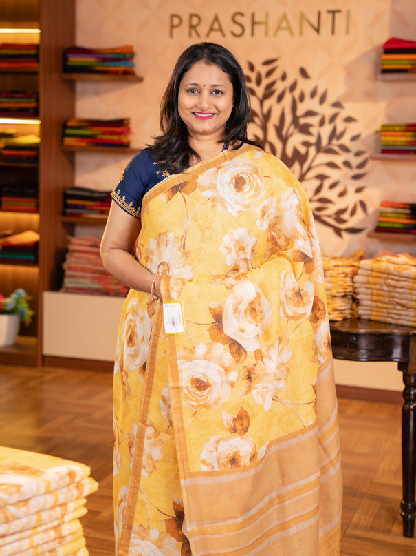 semi linen saree mustard yellow with allover floral digital prints and piping border