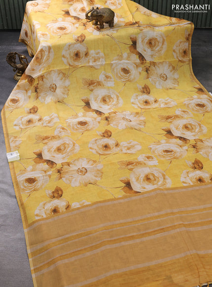 semi linen saree mustard yellow with allover floral digital prints and piping border