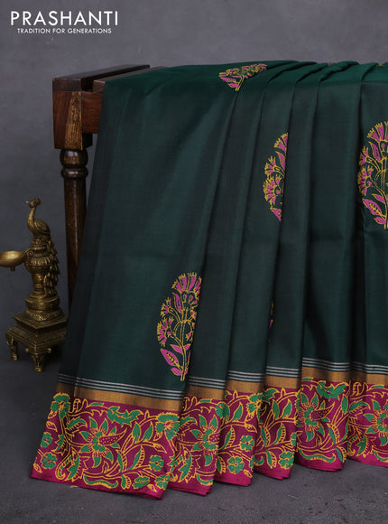 Pure uppada block printed silk saree green and purple with floral butta prints and zari woven printed border