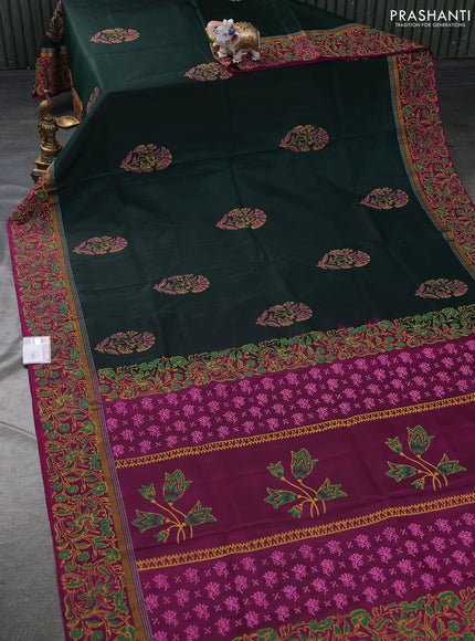 Pure uppada block printed silk saree green and purple with floral butta prints and zari woven printed border